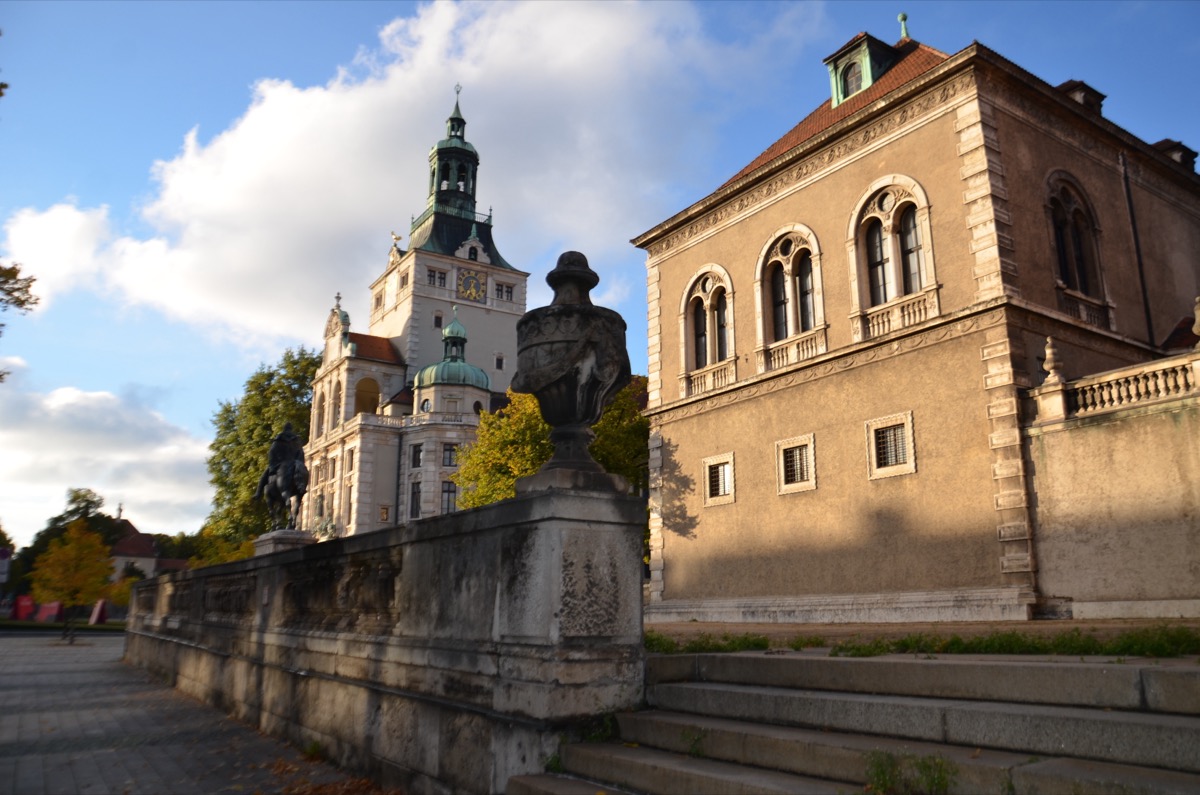 Historicist facade of the Bavarian National Museum with its clock tower