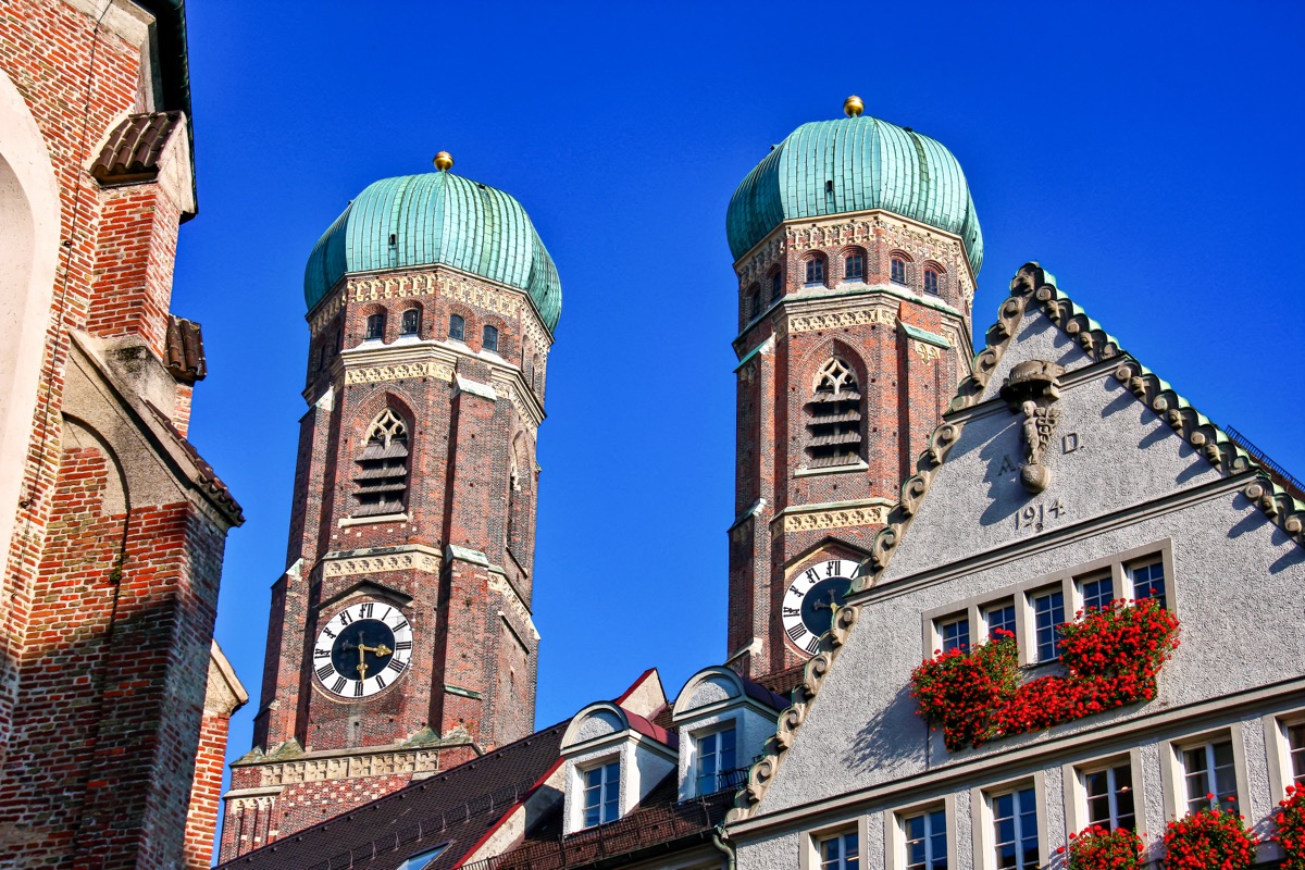 The onion domes of the Frauenkirche in red brick